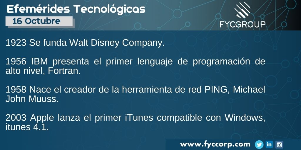 fycgroup's tweet photo. Tal día como hoy
#QuedateenCasa #EfemeridesTecnologicas #EfemeridesOctubre #Telecomunicaciones
#WaltDisneyCompany #IBM #Fortran #MichaelJohnMuuss #RedPing #Apple #iTunes #Windows #AppleiTunes #SoftwareTesting #TeleTrabajo #AtencionRemota #FycGroup #Fyccorp #FYC https://t.co/igdA5a3ANP