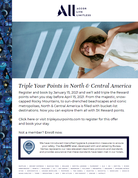 Triple Your Points ✨
Register and book by January 15, 2021 and we’ll award you 3X Reward points when you stay before April 15, 2021. With our ALLSAFE label, flexible cancellation and Best Price Guarantee, you can book with confidence. 
all.accor.com/loyalty-progra…