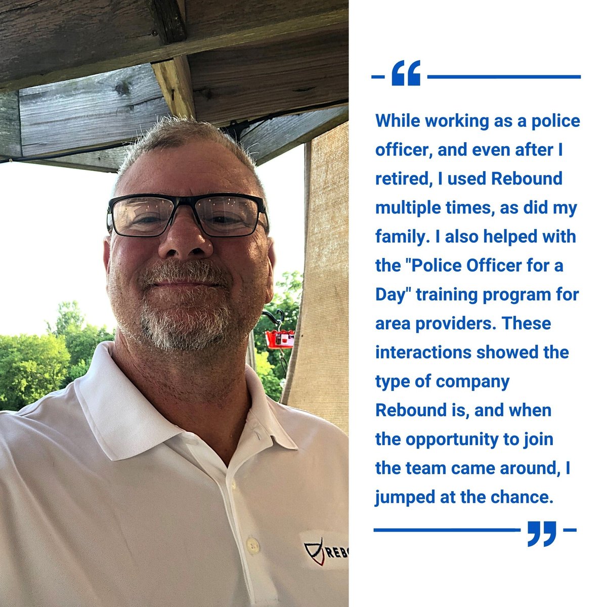 readyrebound's tweet image. Trainer Jim liked Rebound so much that he joined the team after retiring from law enforcement. Jim&apos;s great at answering our members&apos; questions, which is key to their recovery. When he&apos;s not working, Jim is trying out a new hobby: &quot;Pretending to golf.&quot; #Rebound #StaffIntro
