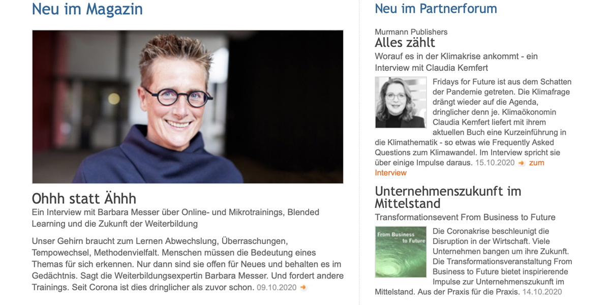 Ohhh statt Ähhh | Die Themen im 23. Newsletter: Interview Barbara Messer: Ohhh statt Ähhh | Interview Claudia Kemfert: Alles zählt | Transformationsevent From Business to Future changex.de/Home