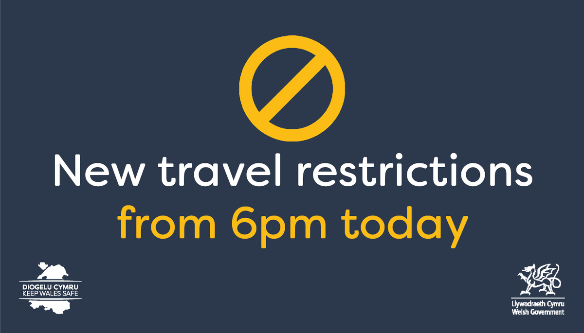 WelshGovernment's tweet photo. From 6pm today, if you live in an area of the UK with high levels of coronavirus, you won’t be able to travel to Wales without a reasonable excuse.

This includes tier 2 and 3 areas in England, the central belt of Scotland, and all of Northern Ireland.

Help us to #KeepWalesSafe. https://t.co/lty0ddEK46