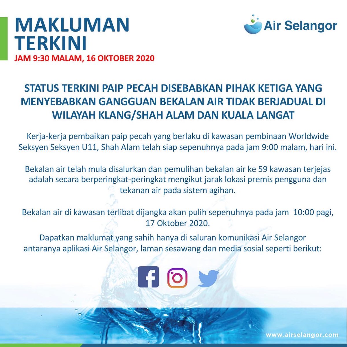 Air Selangor On Twitter Status Terkini Gangguan Bekalan Air Berjadual Di Wilayah Klang Shah Alam Dan Kuala Langat Maklumat Akan Dikemaskini Dari Semasa Ke Semasa Di Twitter Facebook Instagram Aplikasi Air Selangor Dan
