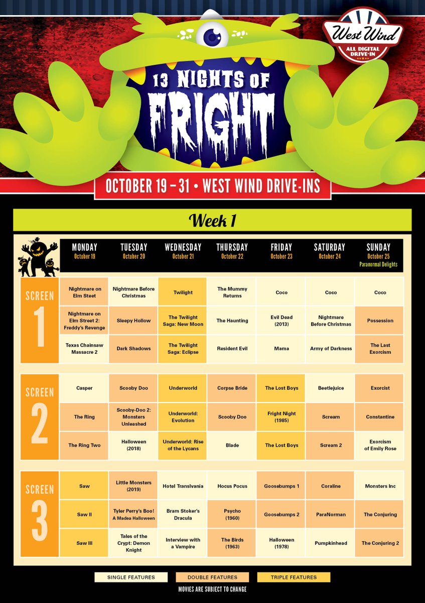 WestWindDriveIn's tweet photo. ๐ฃIt's FINALLY here. The full 2-week calendar for #13NightsofFright! Get Your location's schedule at https://t.co/UsZpcvdGfK and let us know which night you're looking forward to the most in the comments. https://t.co/3IlGLAmLXR