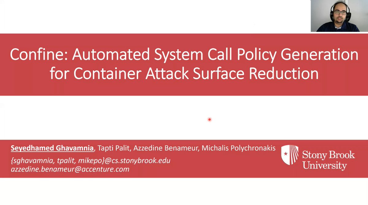 polychronakis's tweet photo. Hamed (@s_hamedgh) presenting our work on system call policy generation for container attack surface reduction at #RAID20 @RAID_Conference | paper: https://t.co/6B0duPqxeZ | source code: https://t.co/cvVrPJlHzZ https://t.co/3D3K4ljZmR