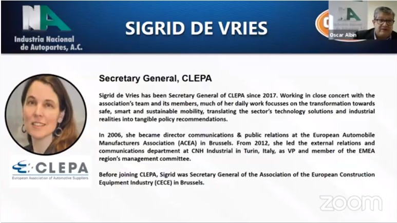 inaoficialmx's tweet photo. En nuestro 3er día, de Congreso @CIIAMMX Sigrid de Vries, nos habla de la "Visión europea sobre la amplia gama de tecnologías innovadoras: MOVILIDAD SEGURA, INTELIGENTE Y SOSTENIBLE" @CLEPAsecgen  @CLEPA_eu  #CIIAM2020 https://t.co/UUMT7WewtZ