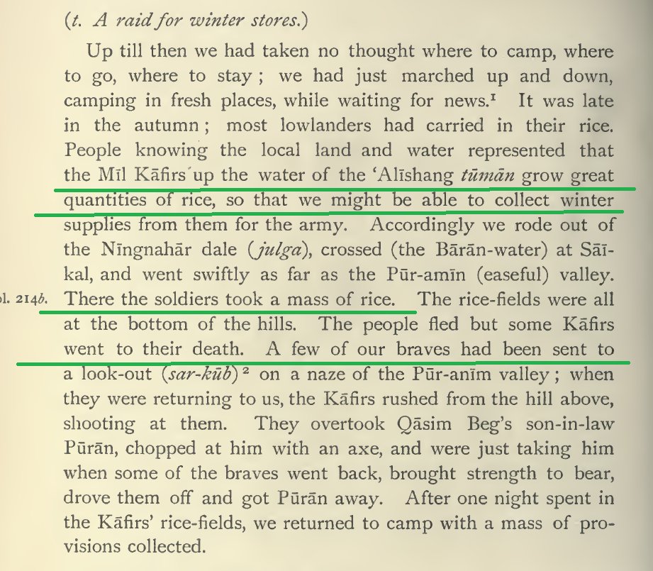 Then, the Mughal army conducted a night raid and looted rice fields of "Mil Kafirs".These were the Nuristani and Chitrali Kalash Kafirs of Hindukush mountains.They put up a brave resistance and fought the Mughal army.