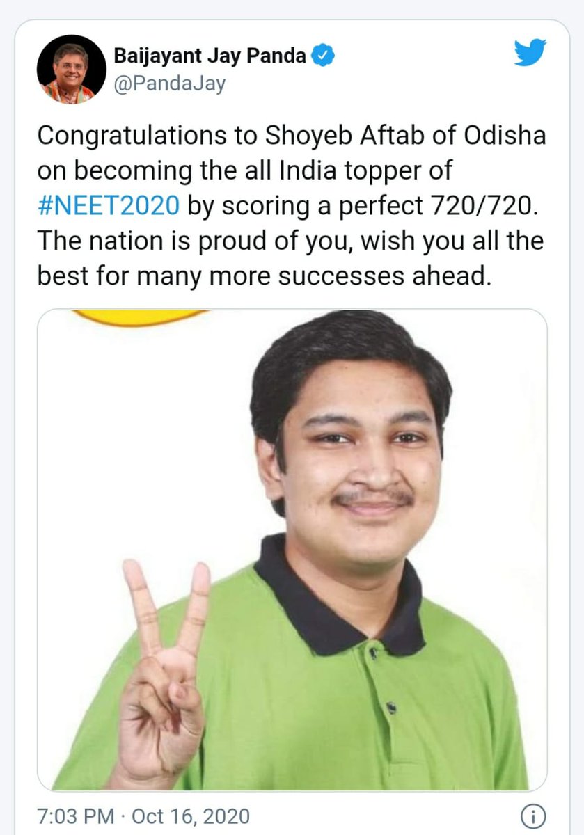 DrAsh_Mahendra's tweet photo. BJP Vice-president Baijayant Jay Panda congratulated NEET topper Shoyeb Aftab.NTA however, is yet to release the official merit list.
🤔🤔 https://t.co/sQFVU4Qy8Y