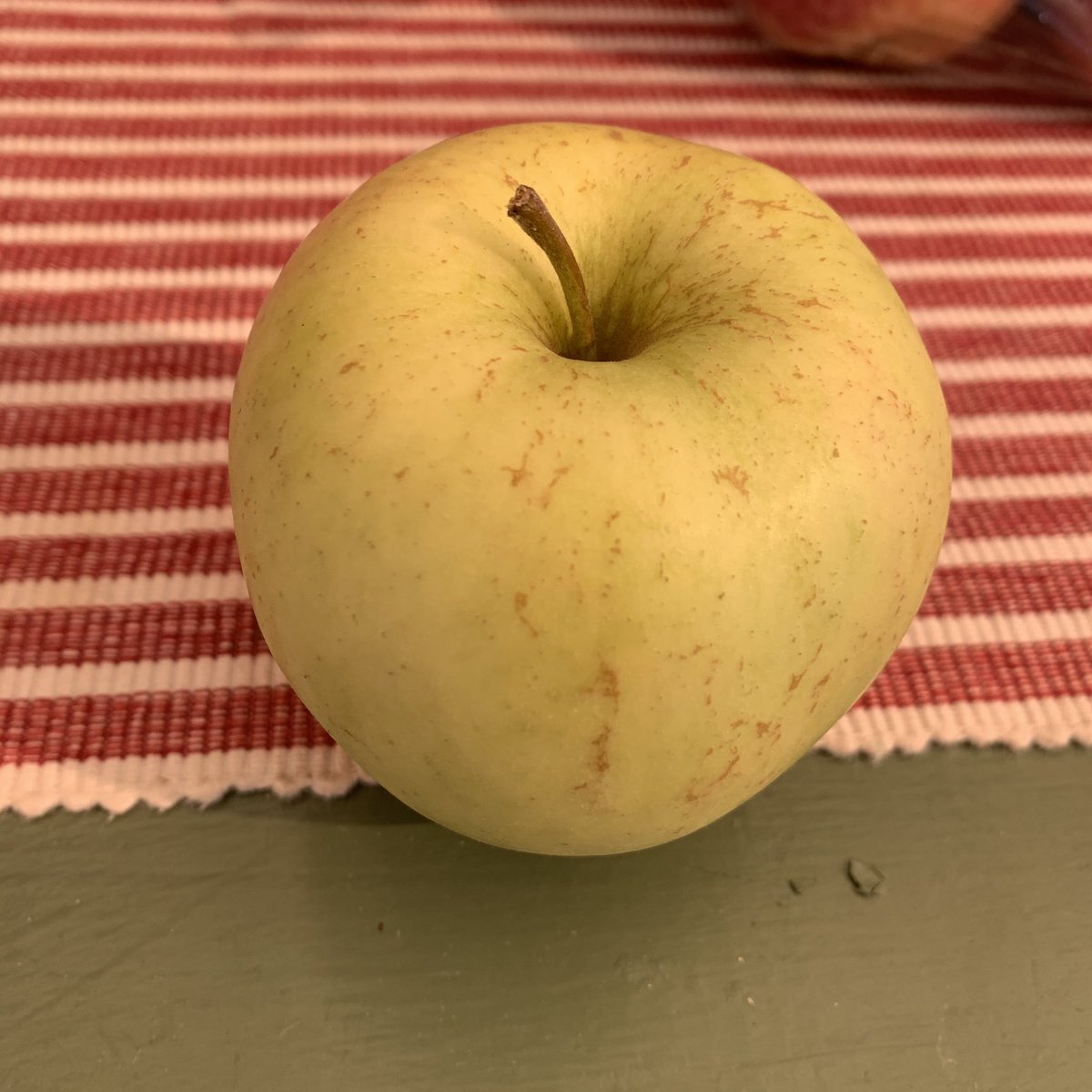 Golden Delicious, 19th century — not related to Red Delicious, rather, Grimes Golden. Skin should be pale yellow - too green, it was picked too early - too yellow, it’s overripe. It has a nice crisp bite and a light, refreshing, almost melony taste. Bruises easily. 7/10
