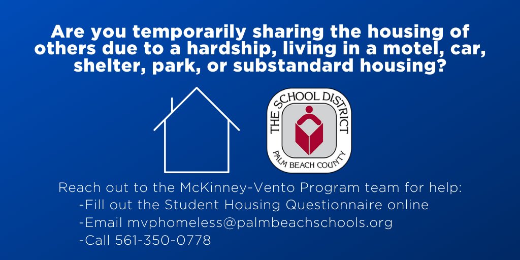 The <a href="/SafeSchools_PBC/">SafeSchools_PBC</a> McKinney-Vento Program team is here to help students and families experiencing hardships. Find out more information and fill out the Student Housing Questionnaire online here: bit.ly/348Wv1a