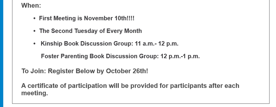KsCaregiver's tweet photo. The Kansas Caregivers Support Network is excited to launch a new opportunity for caregivers! Please join us for our monthly book discussion group! #Books

Foster Parenting Toolbox Registration:https://t.co/swaE8pOwSU

Kinship Parenting Toolbox Registration:https://t.co/ZDQPTbDiZJ https://t.co/um284axaHM