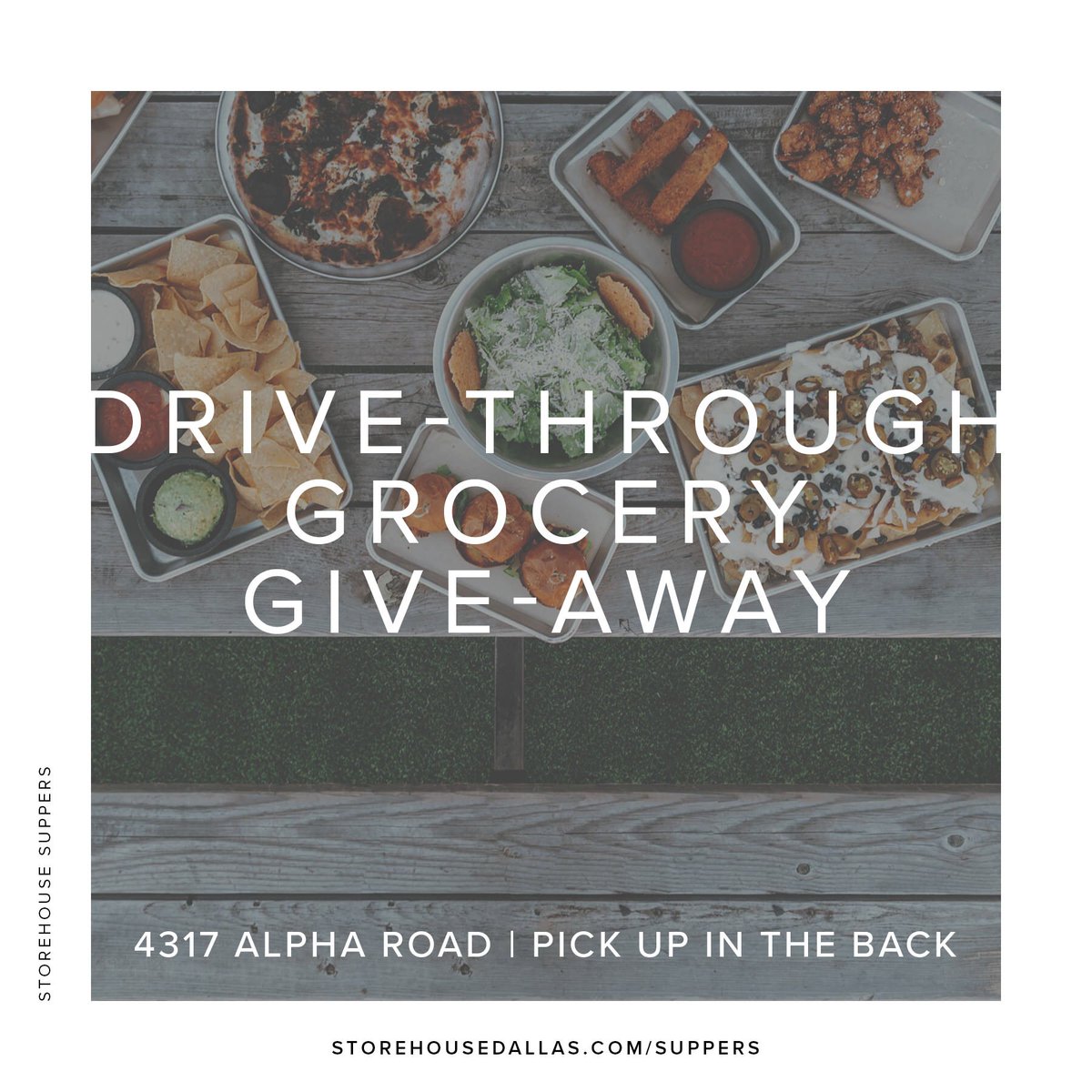 GROCERY GIVE-AWAY THIS SAT, OCT 17, 9am-12pm. Come drive through for free groceries! Contact Jamie Espinoza suppers@storehousedallas.com.