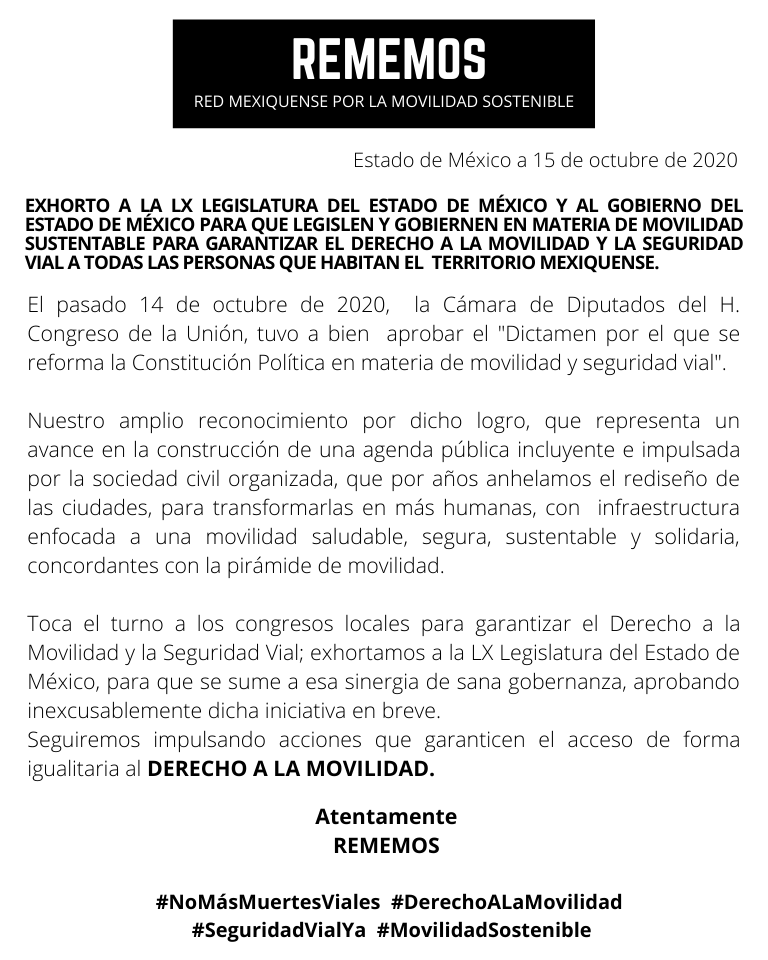 CdfemMx's tweet photo. Como parte de la Red Mexiquense por la Movilidad Sostenible #REMEMOS y derivado de la discusión y aprobación del #DerechoAlaMovilida en el Congreso de la Unión, exhortamos al @Edomex y a la @Legismex a realizar lo propio para que todos y todas nos movamos de forma segura. https://t.co/47IBbixQp9