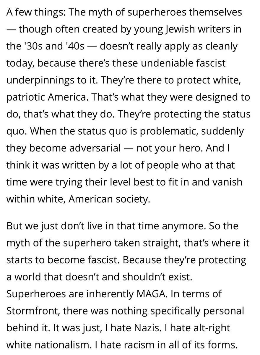 Very similar take to Alan Moore from a week back  https://www.hollywoodreporter.com/live-feed/superheroes-are-inherently-maga-the-boys-boss-on-his-zeitgeisty-hit
