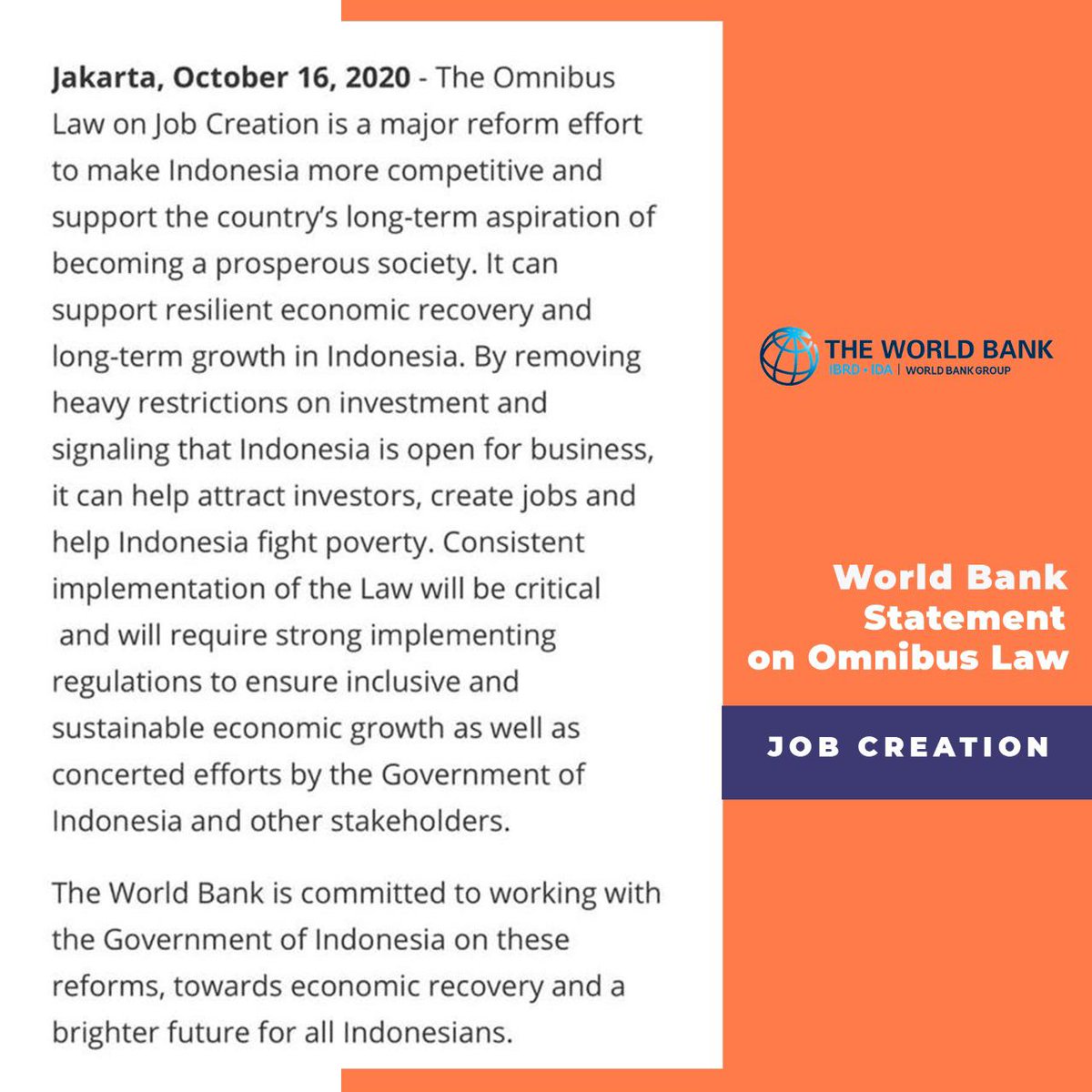 "Undang-Undang Cipta Kerja adalah upaya reformasi besar untuk menjadikan Indonesia lebih kompetitif." Ini kata Bank Dunia. 

Berikut pernyataan lengkapnya.