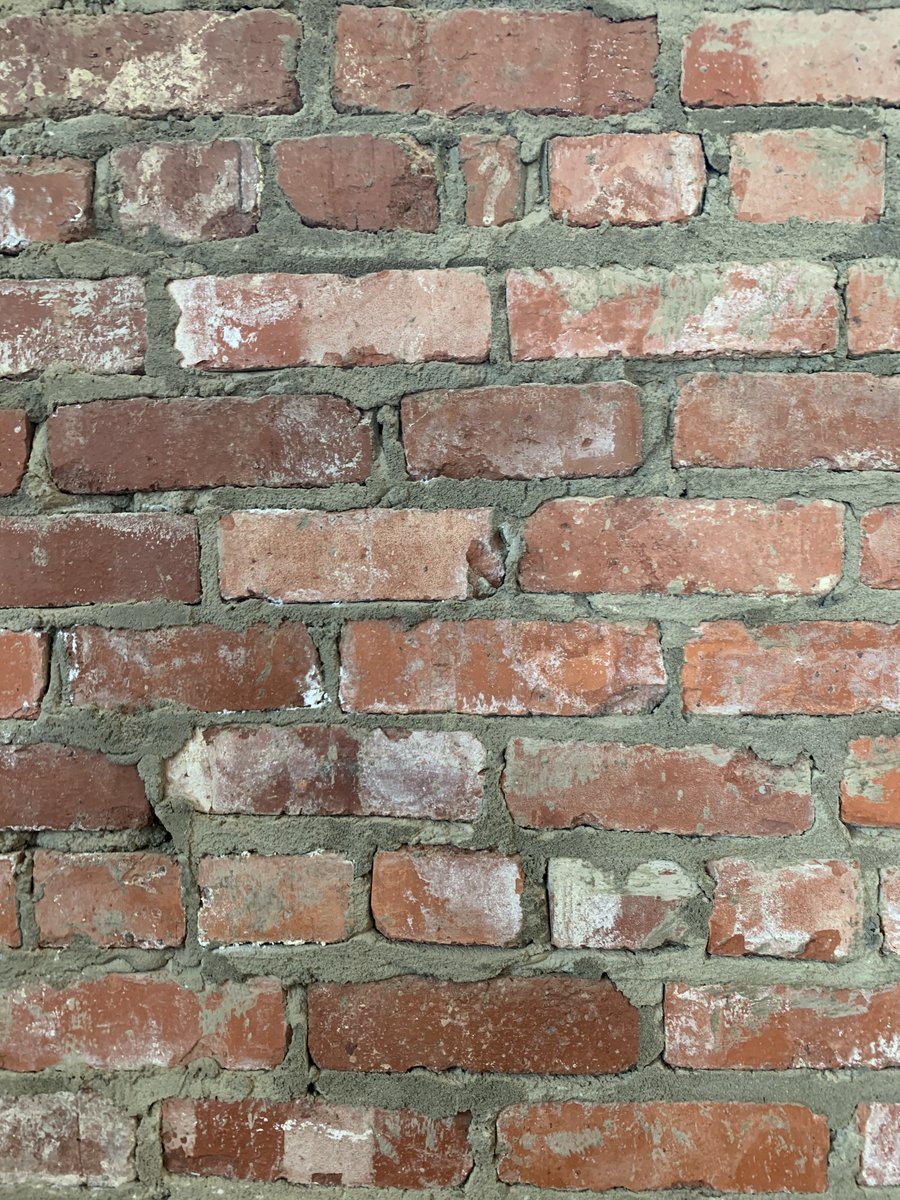 These walls are a nominal 12” thick using repurposed 100+ year old units. Triple wythe, common bond, structural, load bearing, clay brick masonry: