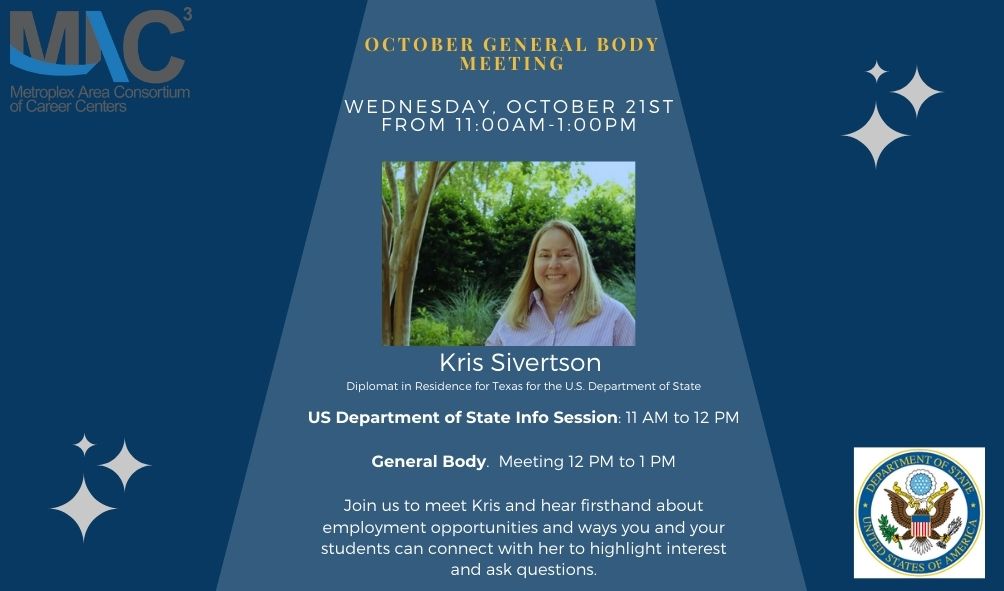 Also, this Wednesday, Join MAC3 October 21st from 11AM-1PM as we hear from Kris Sivertson about employment opportunities and ways you and your students can connect with her to highlight interest and ask questions.