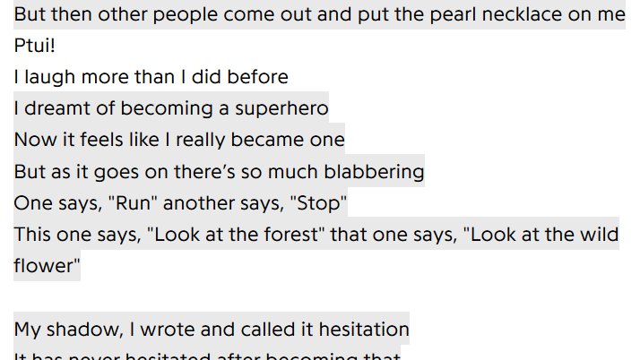 Here he talks about how he is trying to be happy, through music and inspiring others. Yet he is often advised by others to keep running, to stop, to look into the bigger picture rather than looking at the details and vice versa. He finds himself stuck in between this crisis