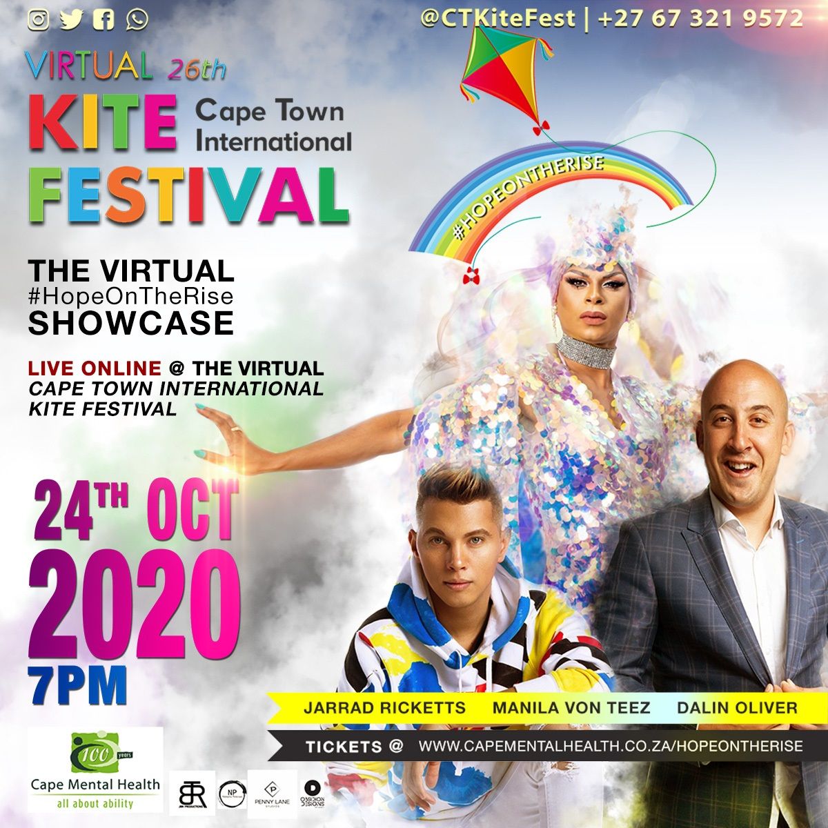 CTKiteFest's tweet photo. The #HopeOnTheRise Virtual Showcase, 7 pm Saturday 24 Oct, brings together the talents of @dalinoliver, @manilavonteez and @jarrad_ricketts in support of @CMH_NGO. Give hope! #HopeOnTheRise @CTKiteFest Tickets R50 @ https://t.co/SB05Zu5aCE https://t.co/N0WqjZ4qtu