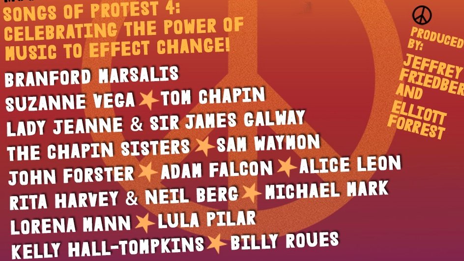 We're so proud of the talented artists and filmmakers involved in Songs of Protest 4. Free tix to this streaming event at ArtsRock.org. 10/24 7PM EST. Can't wait! 
<a href="/suzyv/">Suzanne Vega</a> <a href="/bmarsalis/">Branford Marsalis</a> @tomchapinmusic <a href="/sirjamesgalway/">Sir James Galway</a> <a href="/ChapinSisters/">The Chapin Sisters</a> <a href="/Adam_Falcon/">AdamFalcon</a> @BillyRoues <a href="/ElliottForrest/">Elliott Forrest</a>