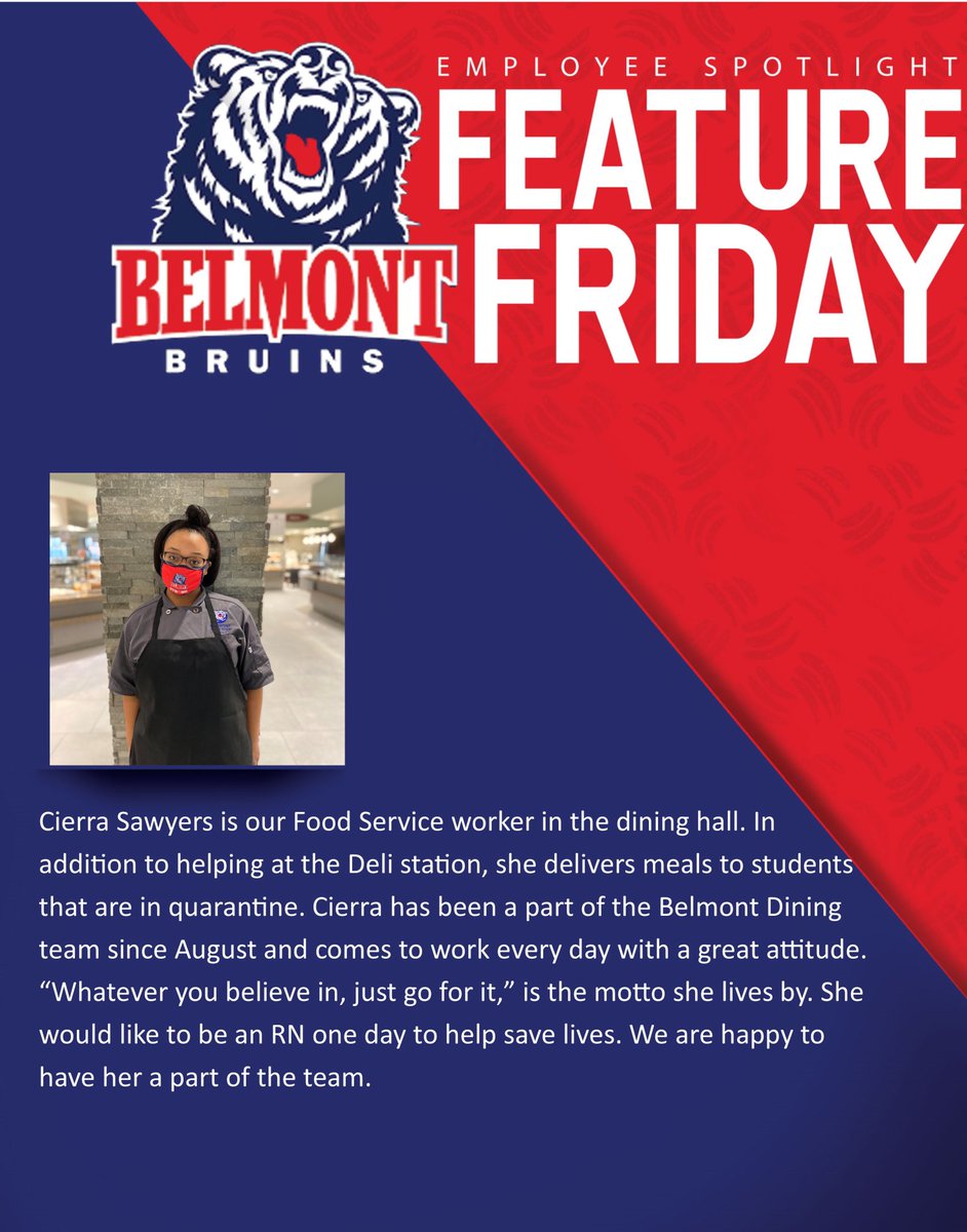 BelmontDining's tweet photo. Happy Friday Bruins! Today, we are doing a Double #FeatureFriday for Retail &amp; Residential Dining. Meet Joseph Castleman and Cierra Sawyers. Big shout out for all of their hard work this semester! #FeedTheBruin #BelmontBruins #BelmontDining #BelmontUniversity #Nashville https://t.co/Xsa4ONDahn