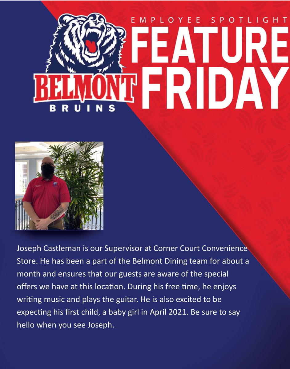 BelmontDining's tweet photo. Happy Friday Bruins! Today, we are doing a Double #FeatureFriday for Retail &amp; Residential Dining. Meet Joseph Castleman and Cierra Sawyers. Big shout out for all of their hard work this semester! #FeedTheBruin #BelmontBruins #BelmontDining #BelmontUniversity #Nashville https://t.co/Xsa4ONDahn