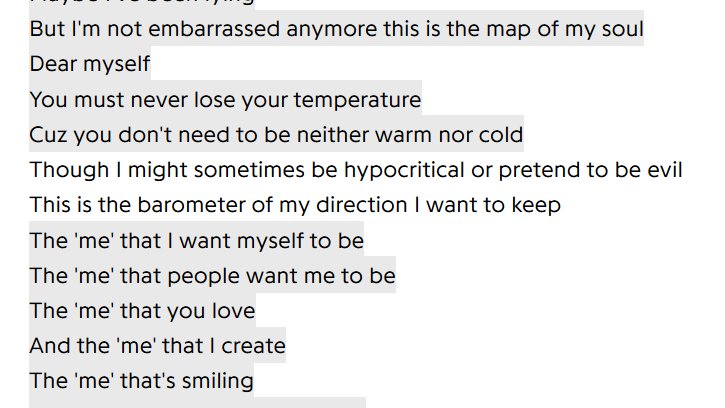 This is where he is giving a message to his present self, advising to never lose hope and it’s not necessary to be in a certain way for others(“never lose your temperature, you don’t need to be warm or cold”)