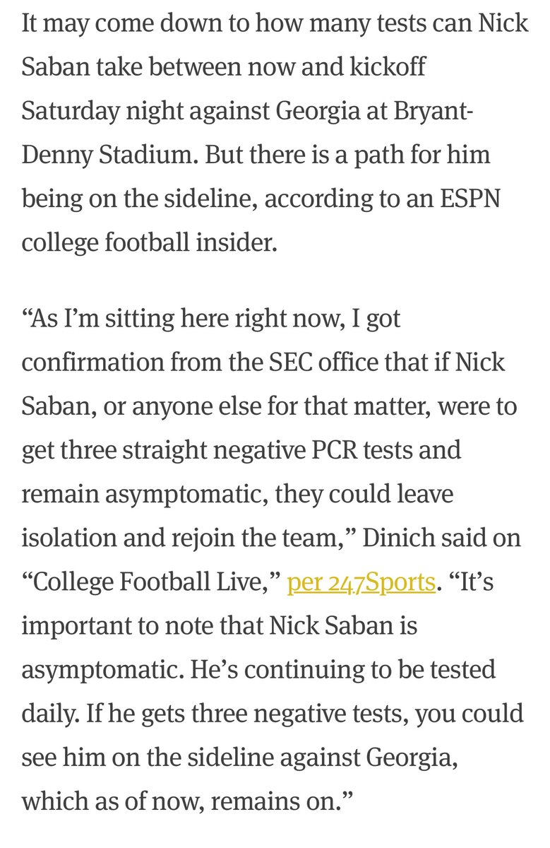 But lets start with Saban. Could he coach on Saturday? It's funny that this was not a question when Mike Norvell had to sit out, but here's what  @CFBHeather wrote yesterday.