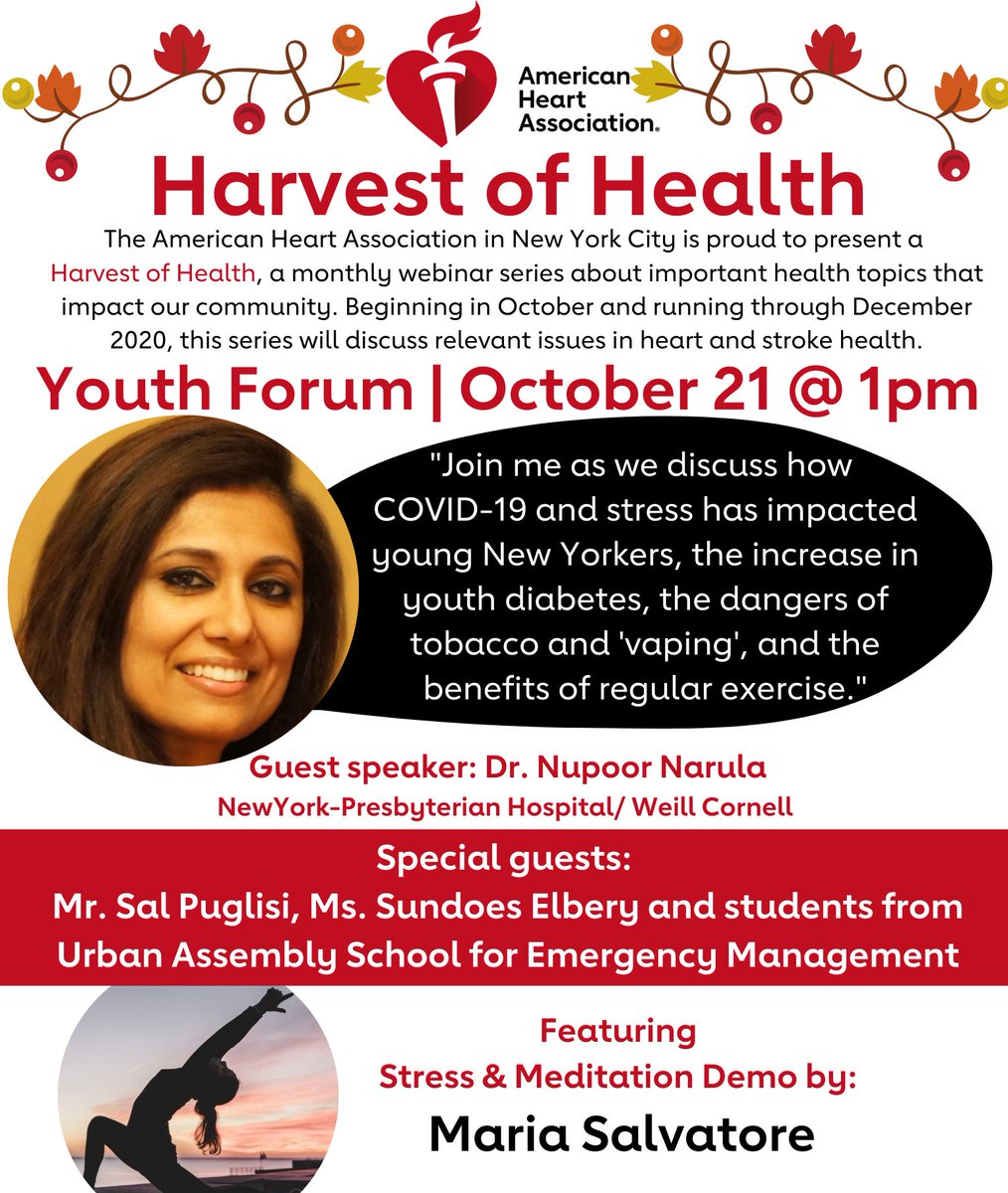 Join students from <a href="/UASEM_NYC/">UASEM</a> and their teachers, Ms. Elbery and Mr. Puglisi, on the American Heart Association's Harvest of Health webinar series. Panelists will discuss critical topics like youth health and coping with pandemic stressors. Register here: bit.ly/3k3xiMr