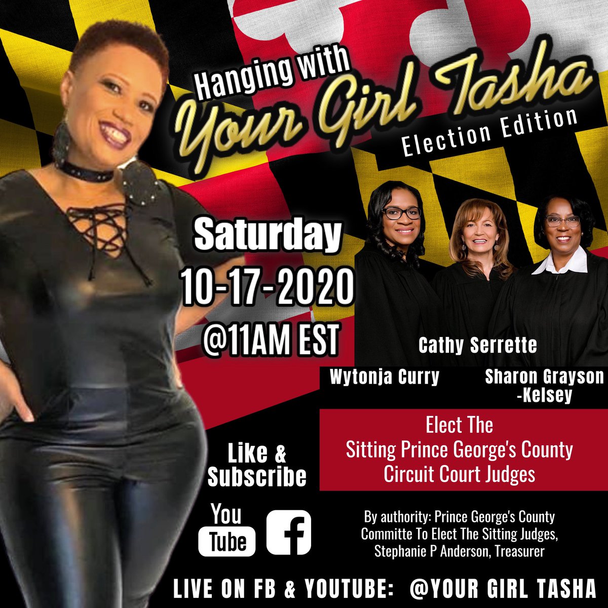 Join Hanging with Your Girl Tasha as she speaks to Judges Curry, Serrette and Kelsey on their candidacy for Pr. George’s Court Circuit #Judge! Wanna know more now? Visit linktr.ee/pgcsittingjudg… to read  bios donate and/or sign up as a volunteer pollworker #Vote  #pgcsittingjudges