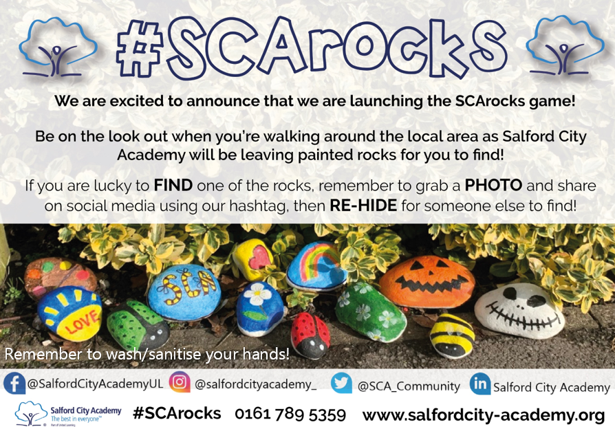 SCA_Community's tweet photo. We are excited to launch #SCArocks! A community game for the local area!
We'll be hiding our decorated rocks out and about for the half term week from next Friday!
Remember to wash or sanitise your hands after touching the rocks!
#SCArocks https://t.co/IjycY6X8xn