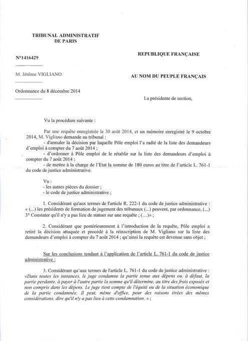 8. Je vous rappelle une nouvelle fois qu’en septembre 2014,  @pole_emploi a été RAPPELÉE À LA   #LOI PAR ORDONNANCE du   #Tribunal administratif de Paris (photo) et que l’  #Etat français a été condamné pour les mêmes raisons pour lesquelles vous me mettez en danger aujourd’hui.