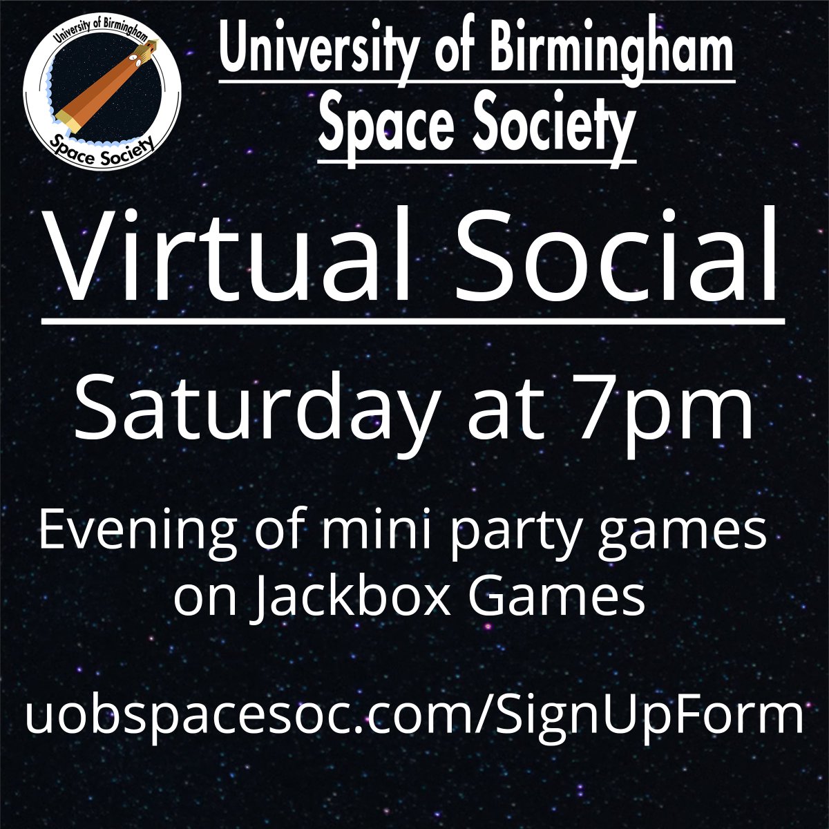 uobspacesoc's tweet photo. Here is a link to join: https://t.co/HfKnd5PmH7

This Saturday at 7pm we are having our next online social. 

Get ready for fun, games and memes as we get together to have an evening of mini party games on JackBox Games. https://t.co/avRM5UXcr0
