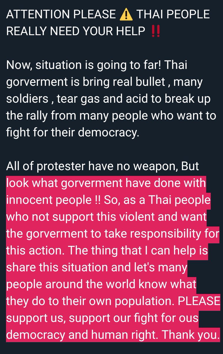 Mokhosia94's tweet photo. Innocent people don't deserve this violent. No one deserve to hurt and die for this situation ! How can gorverment done this for their population even all of protester have no weapon‼️ THEY JUST NEED THEIR FUTURE‼️#whatshappeninginthailand
#วชิราลงกรณ์เป็นฆาตกร 
#ม็อบ16ตุลา https://t.co/k0D7j76A8v