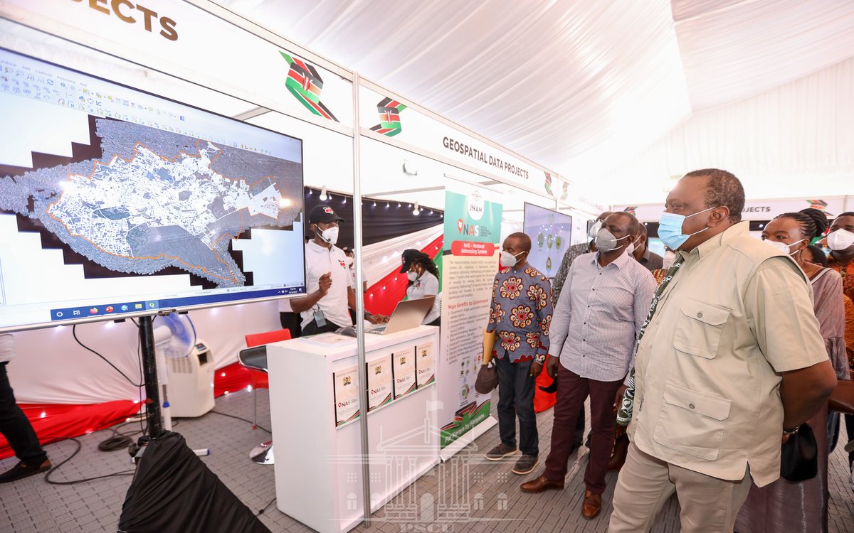 The Head of State is taken on a guided tour of exhibition booths by young Kenyan techies who are displaying innovative projects under the theme of 'For Kenya, By Kenyans'.