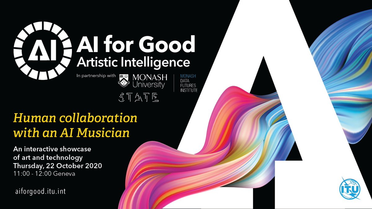 AI for Good 🇺🇳 #AIforGood (@aiforgood) on Twitter photo 🎻Meet researches from <a href="/MonashUni/">Monash University</a> & <a href="/GoldsmithsUoL/">Goldsmiths, University of London</a> in a captivating symposium on how #AI can augment #creativity. Talks ending on a high 🎵 with a musical performance from a jazz pianist, percussionist & AI
📅 Thursday, 22 October @ 11:00 Geneva
ℹ️ aiforgood.itu.int/events/human-c… 🎻Meet researches from <a href="/MonashUni/">Monash University</a> & <a href="/GoldsmithsUoL/">Goldsmiths, University of London</a> in a captivating symposium on how #AI can augment #creativity. Talks ending on a high 🎵 with a musical performance from a jazz pianist, percussionist & AI
📅 Thursday, 22 October @ 11:00 Geneva
ℹ️ aiforgood.itu.int/events/human-c…