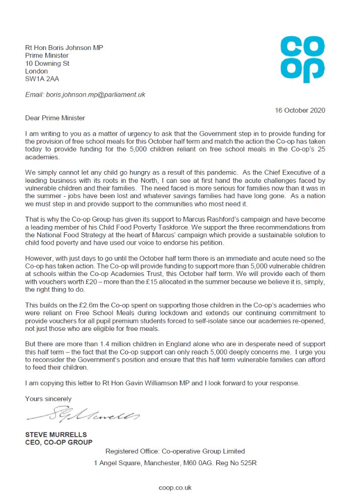 I’ve written today to @10DowningStreet to tell him that @CoopUK will extend our free school meals scheme through the October half term at our 25 @CoopAcademies and ask him to do the same for all schools across England. It’s the right thing to do & will help #EndChildFoodPoverty