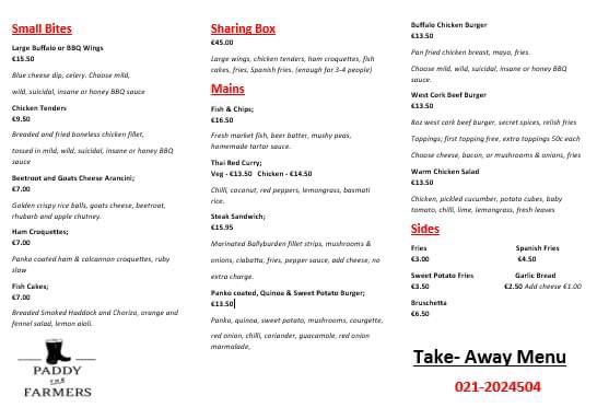 <a href="/PaddyTheFarmers/">Paddy The Farmers</a> have been our sponsor since our club was founded in 2016. If you are looking to have a takeaway this weekend or any day, they have a great menu and excellent food. <a href="/LadiesFootball/">Ladies Football</a> <a href="/CorkSports/">Cork Sports Partnership</a> <a href="/CorkLGFA/">Cork LGFA</a> <a href="/Ballinhassigcam/">Ballinhassig Camogie</a> <a href="/BallinhassigGAA/">Ballinhassig GAA</a>