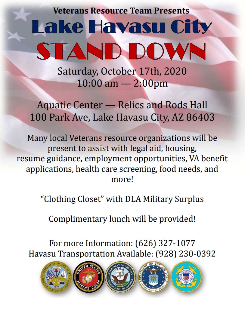 vetlinksolution's tweet photo. Please join us at the Lake Havasu City Stand Down on October 17th, 2020 from 10AM-2PM. Veterans resource organizations will be present to assist with legal aid, resume guidance, employment opportunities, VA benefit applications, health care screening, food needs, and more! https://t.co/YxlxIXv0Fy