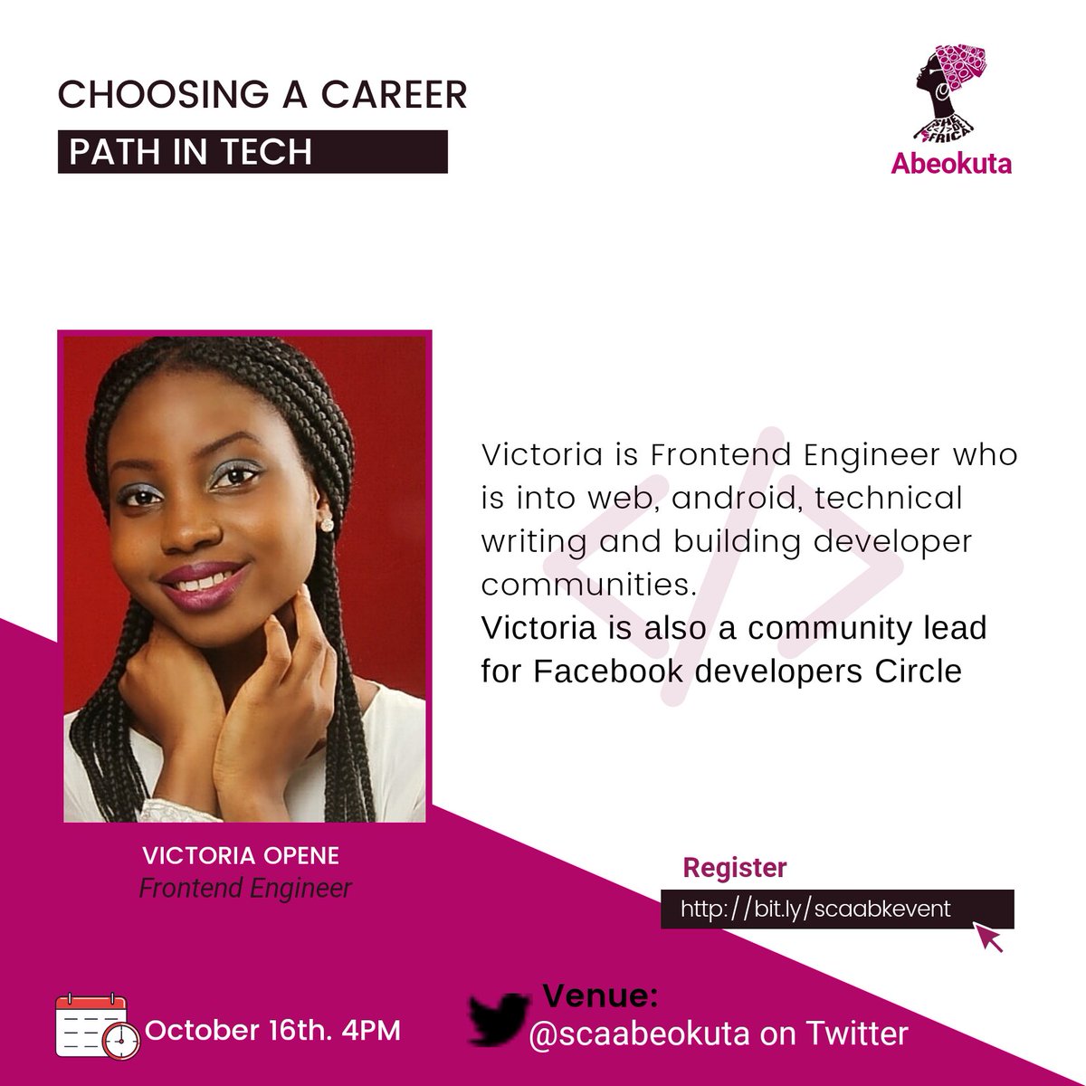 SCAabeokuta's tweet photo. Welcome to #SCAabeokutaTweetChat

Today,@OpeneVictoria will be enlightening us on "CHOOSING A CAREER PATH IN TECH" as regards Frontend Development

Get your questions ready as @OpeneVictoria is available to answer them all

Please join the conversation using #SCAabeokutaTweetChat https://t.co/sLVNVIWkx1