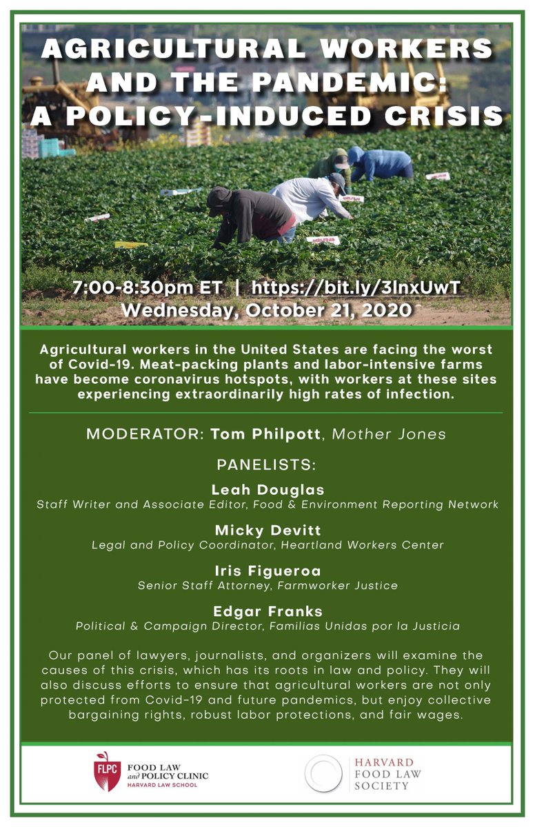 Agricultural workers in the United States have faced the worst of #Covid19. 

Join FLPC for an important conversation next Wednesday, October 21, at 7pm, on Agricultural Workers and the Pandemic. 

Register here: bit.ly/3lnxUwT
