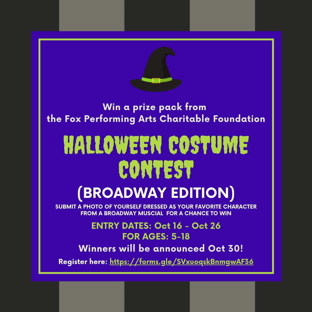 This Halloween we want to see those Broadway inspired costumes! Submit a photo dressed as your favorite character from a Broadway musical for a chance to win a prize pack full of goodies! #broadwayhalloween
See official rules and register here: forms.gle/SVxuoqskBnmgwA…