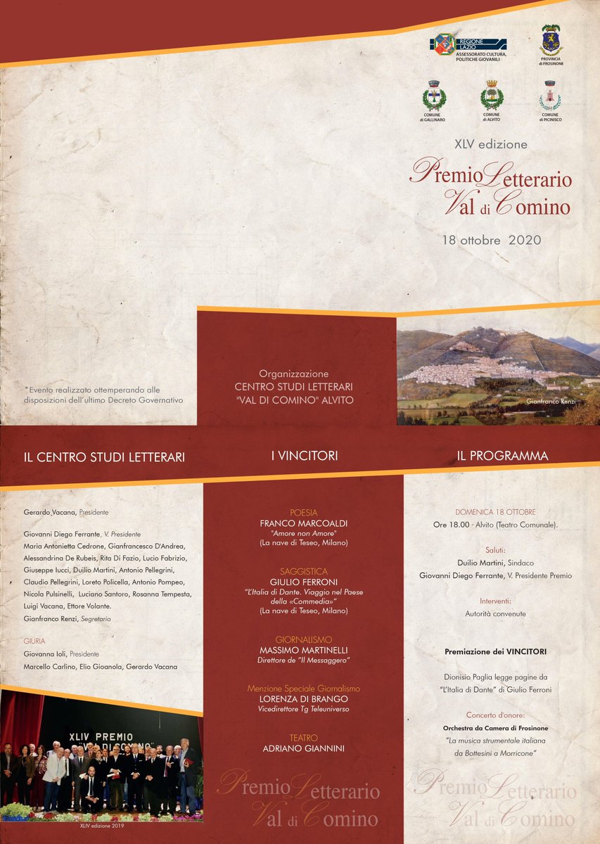 lanavediteseoed's tweet photo. Giulio Ferroni con "L'Italia di Dante" e Franco Marcoaldi con "Amore non amore" sono i vincitori del Premio Val di Comino, nelle sezioni Saggistica e Poesia!
Domenica alle 18 la cerimonia di premiazione al Teatro Comunale di Alvito (FR).
@la_dante @MasiAlessandro @ComuneFrosinone https://t.co/RZcbduoVb2