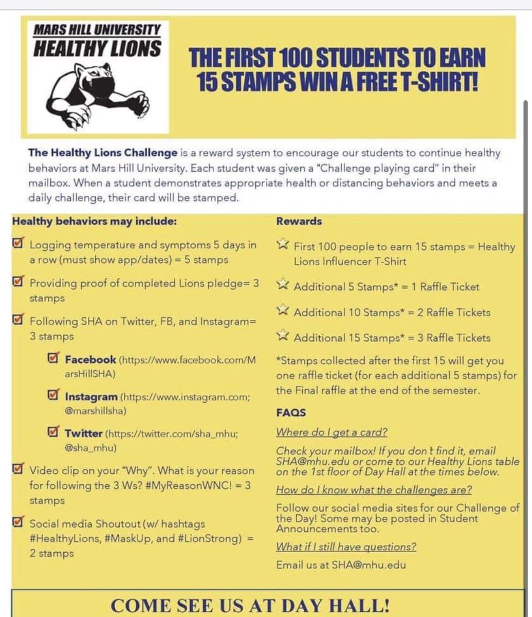 Come by our table in Day on Friday from 12-2pm or 3-5pm to learn about how you can earn stamps that will win you a Healthy Lions T- shirt! First 100 students to 15 stamps will receive a shirt! 🦁