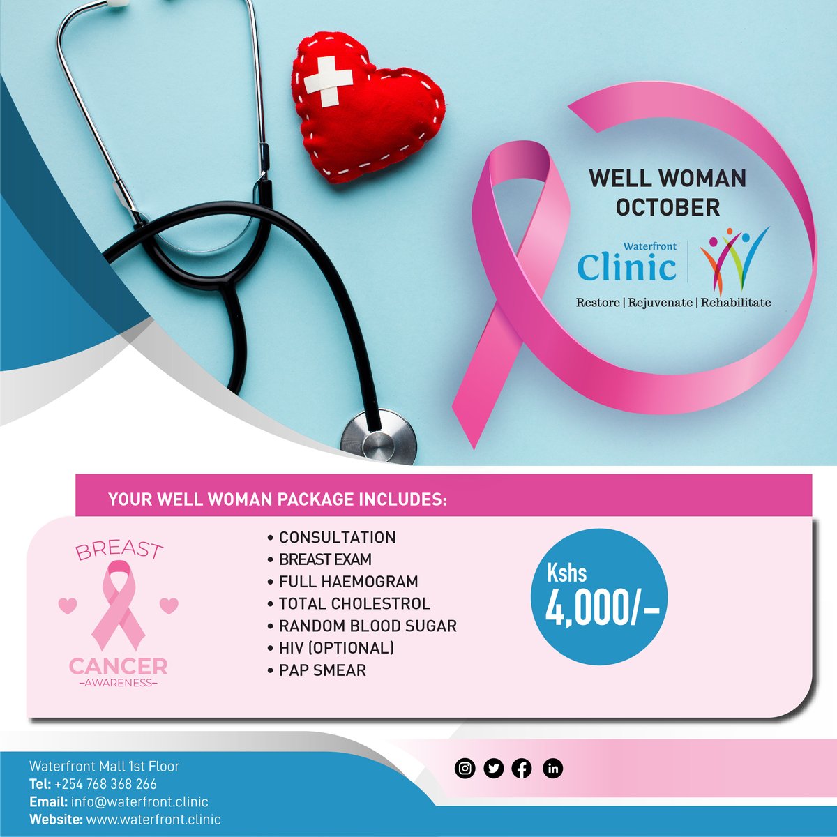 Waterfrontclin1's tweet photo. Awareness is the first step in battle against breast cancer. Be aware of your body by doing regular health check up. Take advantage of the Well Woman package to get tested through out the month of October for early detection and treatment.
#breastcancerawareness
#restore https://t.co/k8alJLYzej