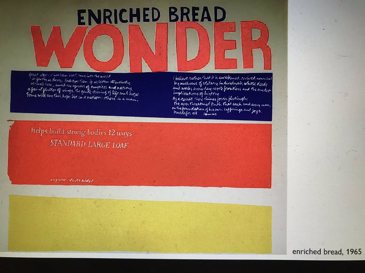 JulieGittoes's tweet image. Fascinating that Sister Corrita found a language for the metaphysical in the everyday, with layers of meaning: she made a screen print of #wonderbread using branding/colours to reflect on sacramental bread #enrichedbread