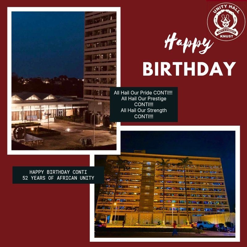 KNUST_Live's tweet photo. 52 years of stemming Africa’s UNITY.
Happy birthday to West Africa’s most populous hall.
Connnnnnti ; POWER💪🏽👹.
#KNUSTLive. #ContiAt52 https://t.co/eC9T5OduSr