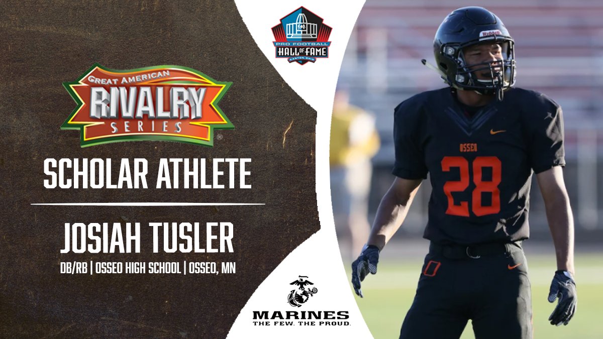 AmericanRivalry's tweet photo. Congratulations to Osseo RB/DB Josiah Tusler on being selected as a 2020 Great American Rivalry Series 𝕾𝖈𝖍𝖔𝖑𝖆𝖗 𝕬𝖙𝖍𝖑𝖊𝖙𝖊.

In Partnership with [@ProFootballHOF]

Presented by: @USMarineCorps / #Marines / #SAHOF2020 https://t.co/GrrcKDOjRE
