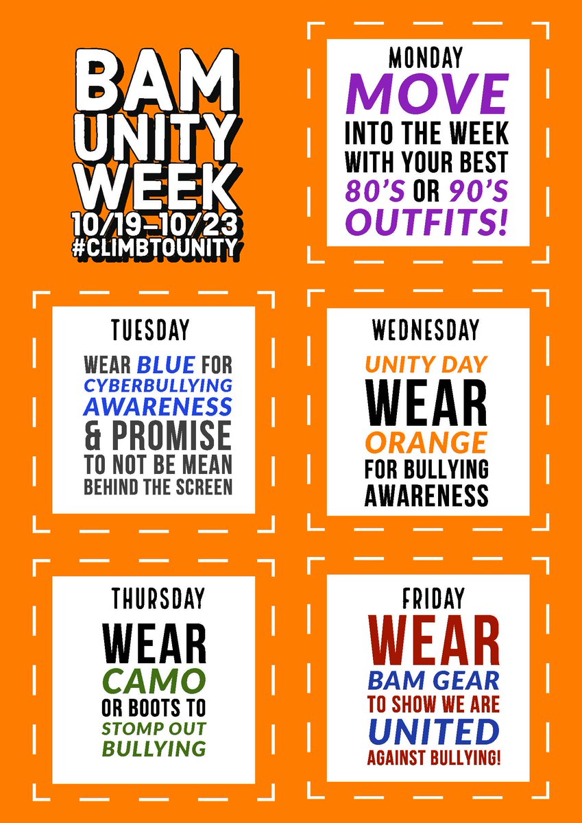 BamCounselors's tweet image. Join @BAM_MS_Official next week to celebrate National UNITY day! We have a fun spirit week and two virtual challenges students can participate in! Submit photos on the BAM homepage and use the #CLIMBtoUnity #MilesforUnity 🧡🐻🧡