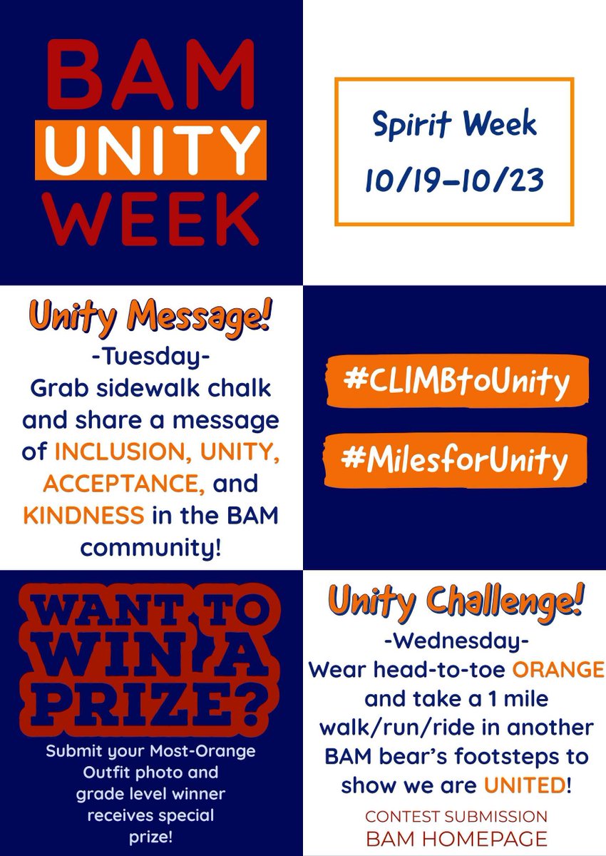 BamCounselors's tweet image. Join @BAM_MS_Official next week to celebrate National UNITY day! We have a fun spirit week and two virtual challenges students can participate in! Submit photos on the BAM homepage and use the #CLIMBtoUnity #MilesforUnity 🧡🐻🧡