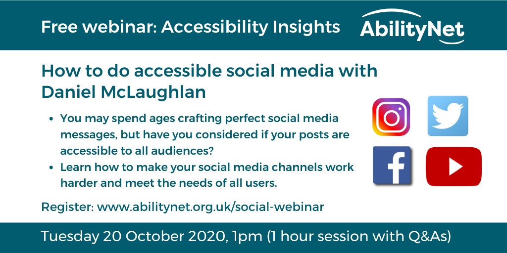 Free social media webinar: On 20 October @straydogstrut7 from <a href="/AbilityNet/">AbilityNet</a> will show you simple edits for social media channels including #Instagram, #Facebook, #Twitter, #YouTube, #LinkedIn and more, so you can share information accessible to all. 
Sign up:buff.ly/2SMrJpF